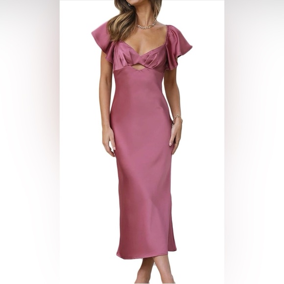 Dresses & Skirts - Satin Flutter Sleeve Midi Dress Mauve Pink Tie Back Wedding Guest – Size M